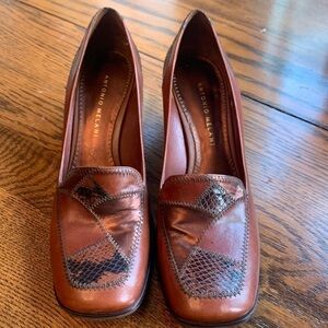 Antonio Melani brown leather and snake skin square toe wedges